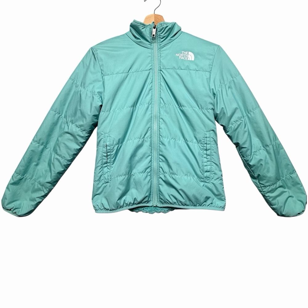 North Face Girls Reversible Turquoise Puffer Fleece Jacket Size L 14/16 Youth